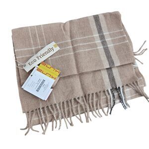 NEW Kuna Tan/Gray Plaid Peruvian Baby Alpaca Wool Fringe Scarf Preppy Old Money
